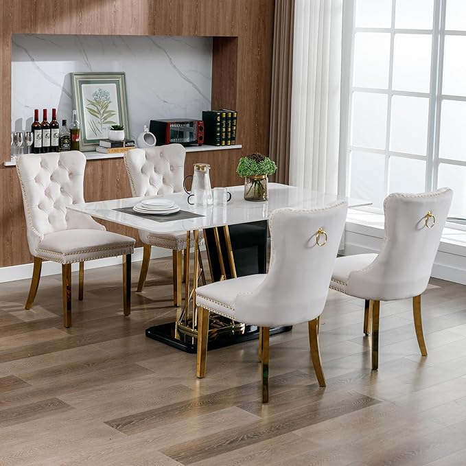 YeahFurn Mid Century Modern Dining Chairs Set of 8, Beige Velvet Upholstered Tufted Back, Kitchen & Dining Room Chairs, Gold Metal Legs, Nailhead Trim, Sillas para Comedor (Beige, 8 Pcs)