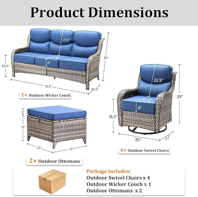 Pugire Luxury High Back Patio Furniture Set with 6-Inch Thick Cushions, 7-Pieces Outdoor Furniture with Swivel Chairs, Wicker Conversation Set for Porch, Balcony, Deck and Yard, Grey/Blue