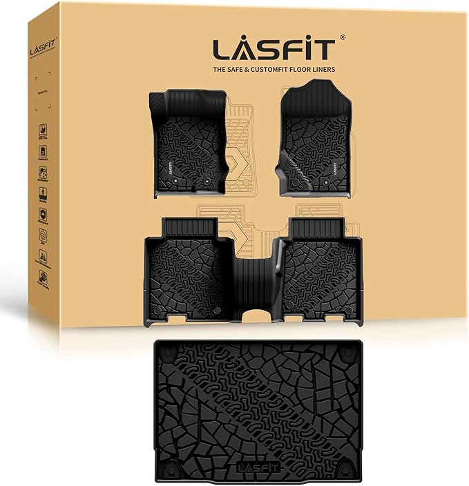 LASFIT Floor Mats Cargo Liner for Ford Bronco 4 Door 2025 2024 2023 2022 2021(Not for Bronco Sport) All Weather TPE Custom Fit SUV Floor Liners Trunk Mat, 1st & 2nd Row & Cargo Liner,4pcs Black