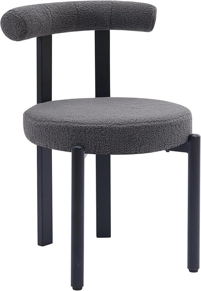 Kiztir Boucle Dining Chairs Set of 2, Modern Dining Room Chairs with Curved Backrest and Black Metal Legs, Upholstered Round Dining Accent Chairs for Kitchen, Living Room, Bedroom (Gray)
