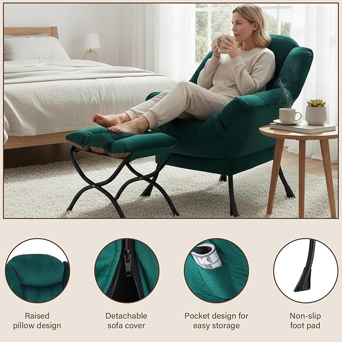 Welnow Lazy Chair with Ottoman, Modern Lounge Accent Chair with Armrests and a Side Pocket, Leisure Sofa Armchair, Reading Armchair with Footrest for Small Space, Dark Green