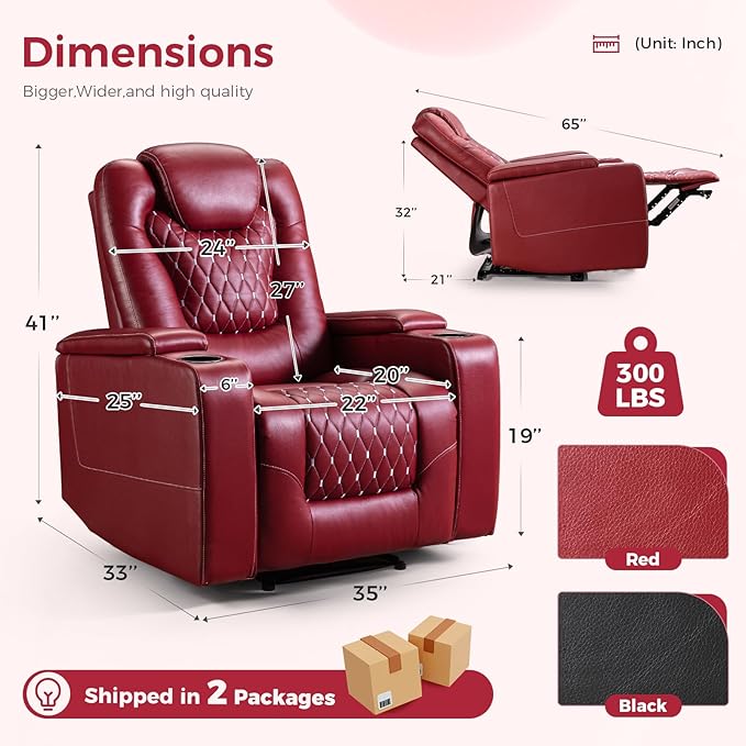 ANJ Power Recliner Chair with USB Ports and Cup Holders - Overstuffed Electric Home Theater Seating PU Leather Reclining Furniture with Hidden Arm Storage, Easy to Clean (Set of 2, Red)