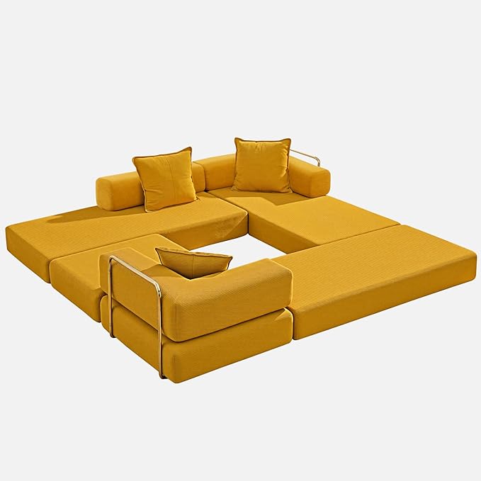 108" Convertible Sleeper Sofa Bed, Corduroy Folding Sofa Bed with Fixed-Shape Frame, Fold Out Floor Mattress Couch, Lazy Compression Sofas for Living Room, Bedroom, No Assembly Required,Yellow