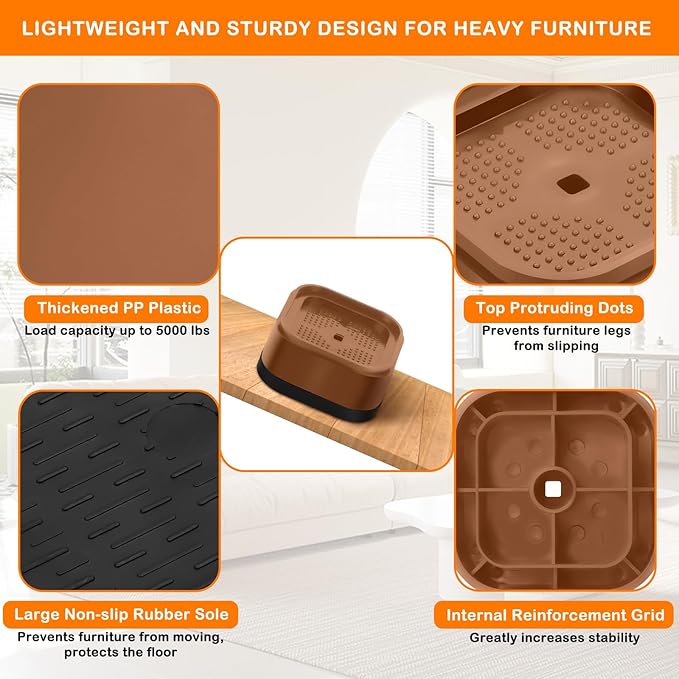 shouwuhho 16 Pack Furniture Risers Adjustable Bed Risers Heavy Duty Lifts Height 1", Square Stackable Bed Risers 1, 2 or 3 Inch for Desk Leg Table Couch Sofa Chair Bed Frame Legs Dorm, Brown