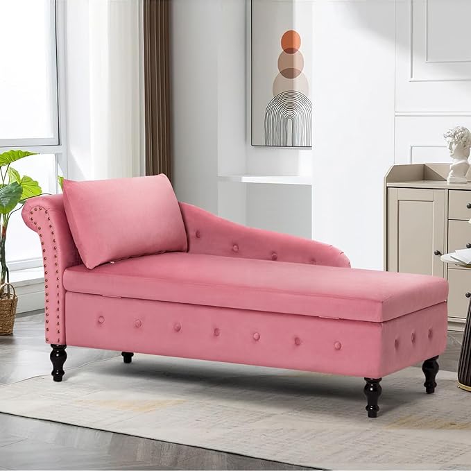 ACMEASE Upholstered Velvet Chaise Lounge with Left Armrest & Storage Space,Button Tufted Lounge Chair w/Lumbar Pillow,Modern Lounge Chair for Bedroom, Living Room and Office,Pink