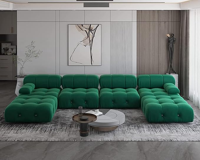 JACH 138" Convertible Modular Sectional Couch, U-Shaped Minimalist Velvet Sofas, Mid-Century Modern Comfy Sectional Couches with Chaise Ottomans for Living Room Office Apartment (Green)