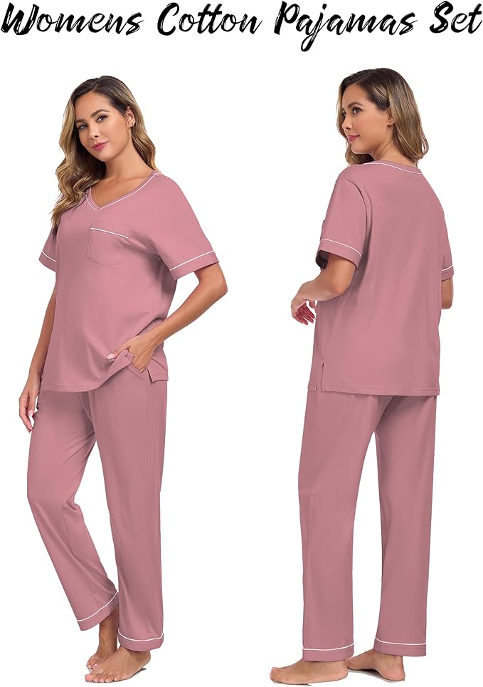 CF Women's 100% Cotton Pajama Sets Soft Short Sleeve Tops & Pants Comfy Sleepwear 2 Piece Lounge set with Pockets Loungewear