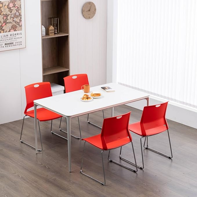Office Guest Chair with Sled Base, Ergonomic Full Back Plastic Stacking Chair Without Wheels, Reception Chair for Office, Conference Room, Waiting Room, Red (4 Pack).