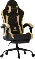 Gaming Chair with Footrest, Ergonomic 330lbs Leather Mesh Chair, Massage Lumbar Support, Adjustable Height & Headrest Pillow, Breathable Seat for Office, Home, Streaming, Long Gaming Sessions, Gold