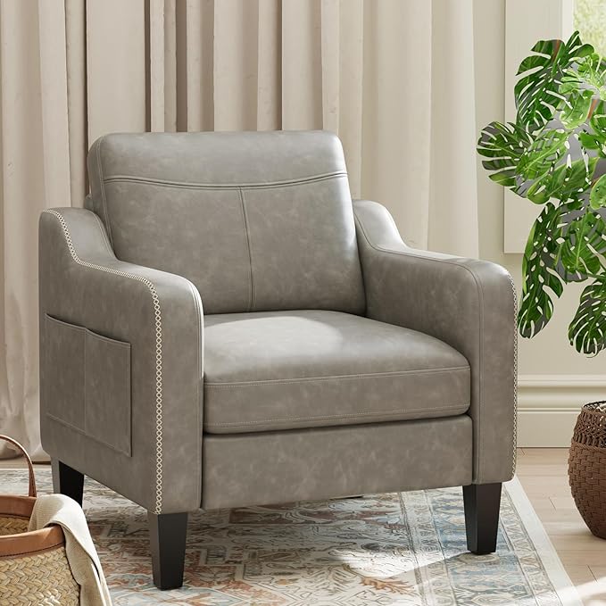 MALOL PU Leather Accent Chair Set of 2, Mid-Century Modern Living Room Armchair Sofa with Removable Cushions, Solid Wood Frame & Stitched Armrest Design, Bedroom Chair with Plastic Legs, Grey