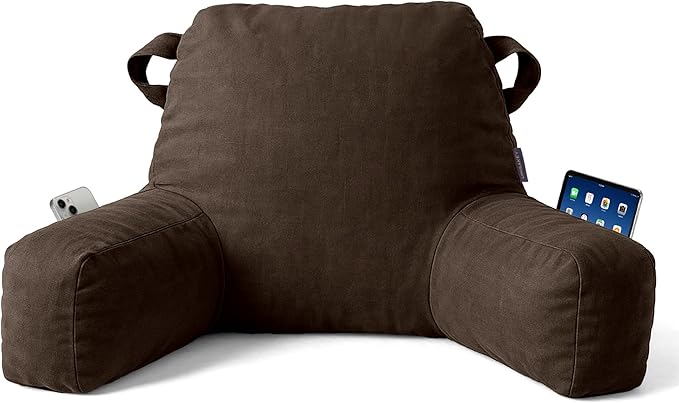 Unisakey Portable Comfy Reading Pillows for Bed Sitting Up(Brown Oeko-Tex), Velvet Back Pillow with Arms & Pockets for Adults, Support Memory Foam Bed Pillow for Dorm/Reading/Watching/Gaming