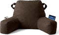 Unisakey Portable Comfy Reading Pillows for Bed Sitting Up(Brown Oeko-Tex), Velvet Back Pillow with Arms & Pockets for Adults, Support Memory Foam Bed Pillow for Dorm/Reading/Watching/Gaming