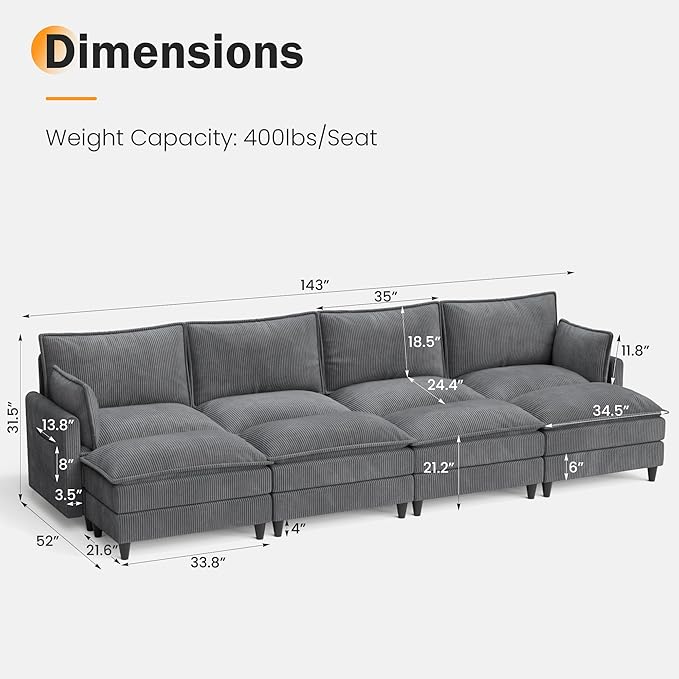 Apicizon 143" Cloud Sofa Sectional, Modern Corduroy Cloud Sofa Set with Side Storage Pocket, Comfy Convertible Sleeper Couch with Chaise for Living Room, Apartment, Office, Grey