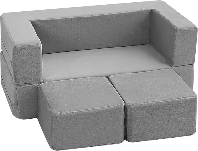 MeMoreCool Kids Play Couch Sofa – Grey Modular Convertible Foam Couch Soft Fold-Out Toddler Seating for Creative Play, Reading, Resting & Playroom Fun