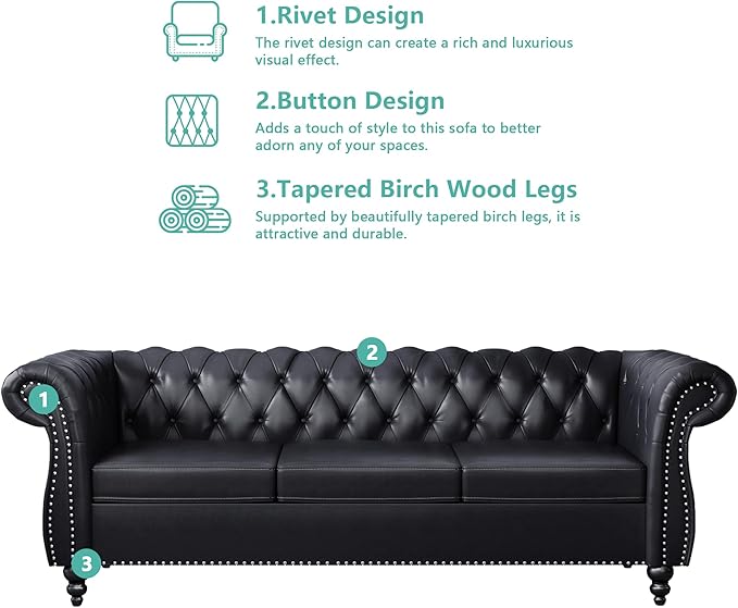 QHITTY Accent Large Sofa, Chesterfield Couch 3 Seater Modern Leather Couch Upholstered Sofa with Tufted Back for Living Room Furniture (Black)