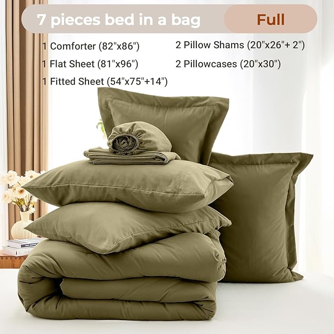 MUXHOMO 7 Pieces Full Comforter Set, Soft Bed in a Bag Full Size, All Season Bedding Set with Comforter, Flat Sheet, Fitted Sheet, Pillowcases & Shams, Olive Green