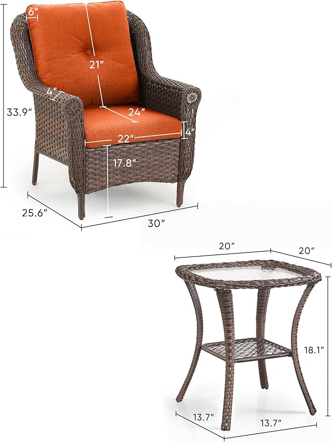 ACTREST 3 Piece Patio Brown Wicker Chairs with Side Table - Outdoor High Back Heavy Duty All-Weather Lawn Dining Rattan Chair Conversation Bistro Set for Deck Porch Balcony Backyard Garden - Orange