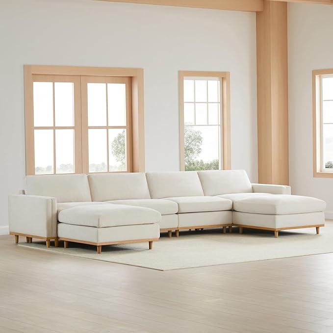 CHITA Super Large Luxury U Shape Convertible Sectional Modular Sofa, Down Filled Modern Sofa, Deep Seat Cloud Couch, 153 inch Width, 6 Seat Couch with Chaise, 2 Ottomans, Solid Wood Leg, Linen