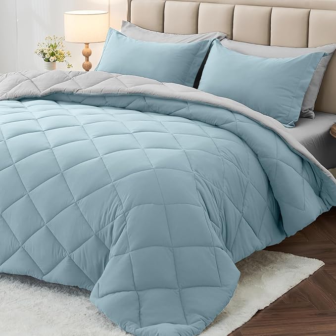 MUXHOMO 7 Pieces King Comforter Set, Reversible Bed in a Bag King Size, All Season Bedding Set with Comforter, Flat Sheet, Fitted Sheet, Pillowcases & Shams, Greyish Blue & Light Grey