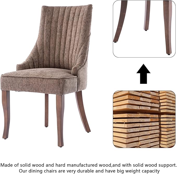 mikibama Linen Dining Chairs Set of 4 Channel Tufted Kitchen Dinner Chair Comfy Fabric Upholstered Accent Chair for Dining Room with Solid Wood Legs (Brown 4pc)