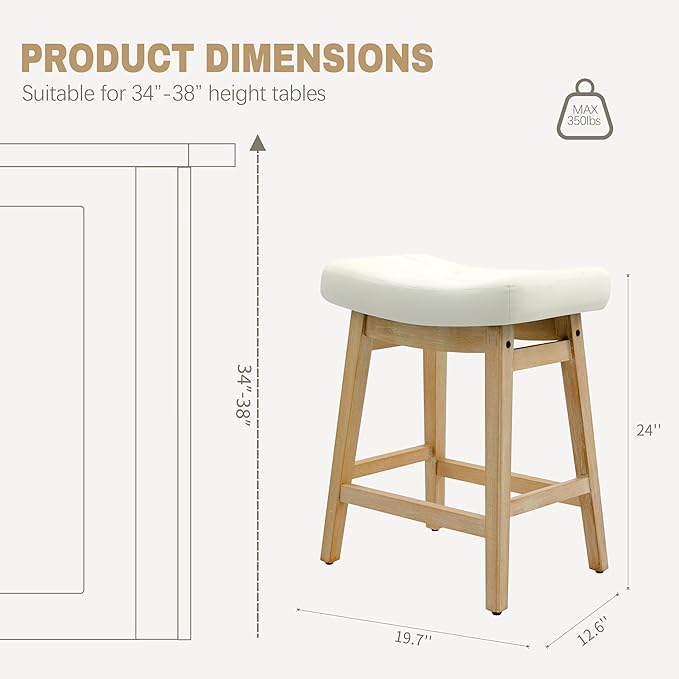 RNKSFX Counter Height Bar Stools Set of 4 for Kitchen Counter Backless Farmhouse Kitchen Island Barstools with Upholstered Faux Leather Saddle Seat and Solid Wood Legs Modern 24 inch Bar Chairs, White