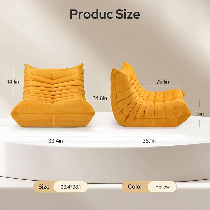 High-end Togo Bean Bag Chair, Fireside Chair with Yellow Suede Fabric Cover, Comfy & Soft Lazy Floor Lounge Sofa for Bedroom, Living Room, Office or Salon