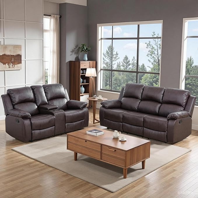 Caberryne 2 Pieces Leather Recliner Sofa Set，Recliner Sofa and Loveseat Sets for Living Room Furniture，Brown Reclining Couch with 4 Recliners for Living Room/Office/Theater Seating(Sofa Set 2 Pieces)