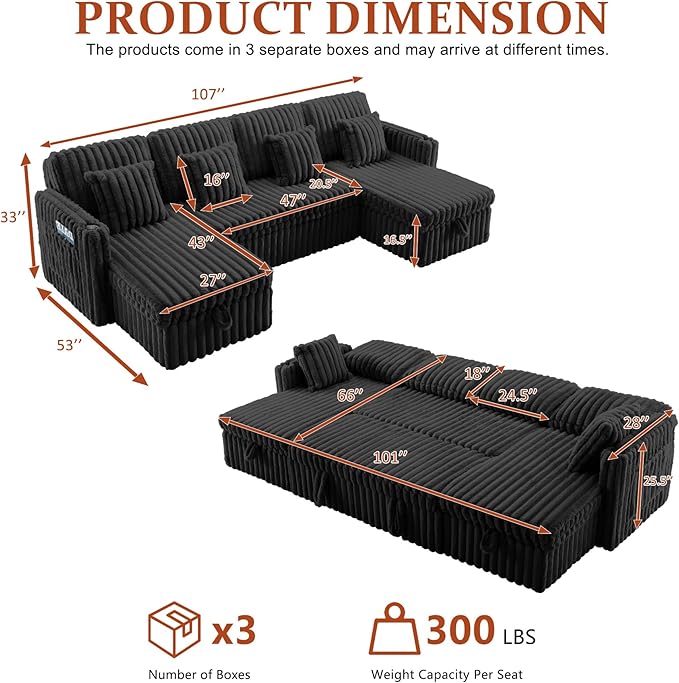 107" Sectional Sleeper Sofa with Pull Out Bed, Comfy Fluffy Plush Corduroy Cloud Sectional Couches for Living Room, U Shaped Modular Couch with Storage Chaise, Cup Holder & USB Charger, Black