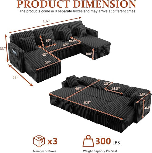 107" Sectional Sleeper Sofa with Pull Out Bed, Comfy Fluffy Plush Corduroy Cloud Sectional Couches for Living Room, U Shaped Modular Couch with Storage Chaise, Cup Holder & USB Charger, Black