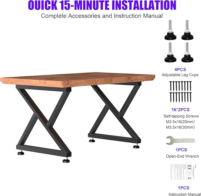 KOSEOO Heavy Duty Metal Table Legs 28 x 28 inch, Industrial Desk Legs with Adjustable Feet, 1200lbs Capacity, Sturdy X-Frame No Wobble Design for Office Desk, Kitchen Table Base, DIY-Set of 2, Black