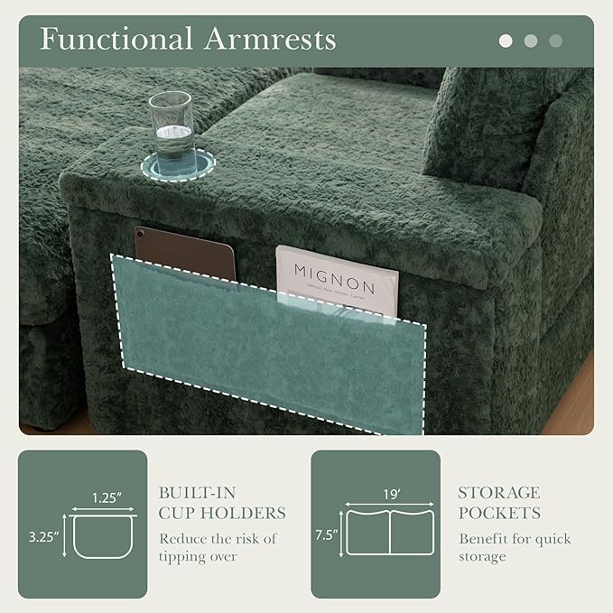 Merax Oversized Sleeper Chair with Storage Armrest & Ottoman, Cup Holders, Cloud Upholstered Chaise Lounge Recliner, Deep Seat Reading Couch Sofa Bed for Living Room Bedroom, Antique Green