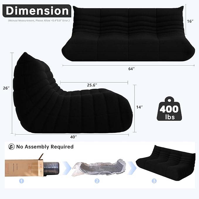 Bean Bag Chairs for Adults, BeanBag Reading Chair Memory Foam Couch 3-Seater, Floor Chair Soft Teddy Material, Comfy Reading Nook Chairs for Bedroom Living Room Office (Black)