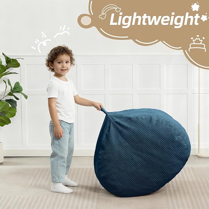 Bean Bag Chair with Corduroy Cover and Memory Foam Filled for Teens and Kids, Small Comfy Fluffy Floor Chair for Living Room Bedroom (Blue, 2.5FT)