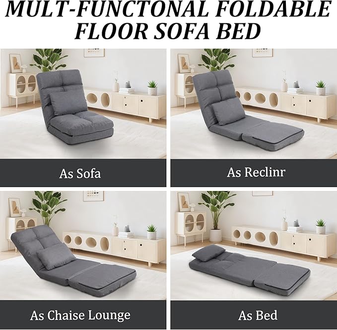 Chaise Lounge Indoor, 14-Position Floor Chair with Padded Pillow for Adults Kids, Folding Lazy Sofa Chair for Living Room, Bedroom, for Gaming Reading (Grey)