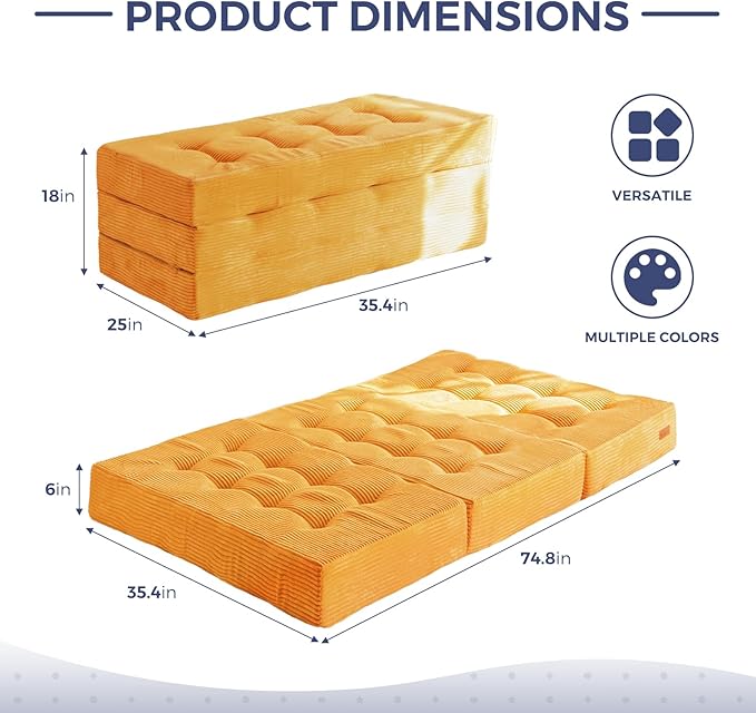 MAXYOYO Tri-Fold Mattress, 6 Inch Tufted Folding Futon Foam Bed, Foldable Floor Mattress Guest Bed Futon Topper Portable Camping Sleeping with Corded Fabric, Orange, 35.4"x75"