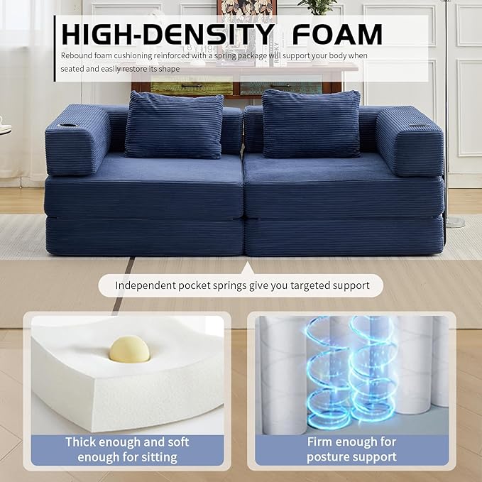 78" Loveseat Sleeper Sofa, 4 in 1 Convertible Floor Sofa Bed, Boneless Cloud Couch with Cup Holder, Fold Out Floor Couch for Living Room Bedroom Lounge, Corduroy, Navy Blue