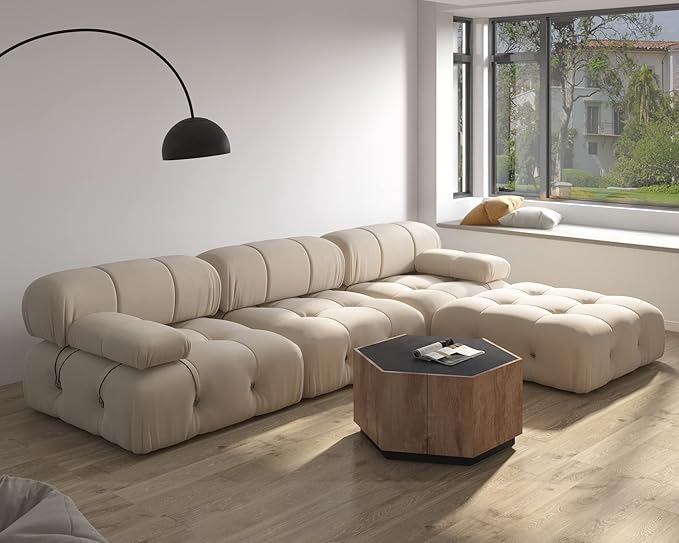 JACH L-Shaped Modular Sectional Couch, Modern Deep 3-Seat Couches with Chaise Ottoman, 104'' Minimalist Teddy Velvet Sectional Sofas, Convertible Sleeper Sofa for Living Room Apartment (Beige)