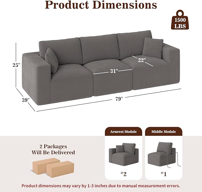 110" Modular Sectional Sofa, Cloud Couch Memory Foam 3-Seater Boneless Sofa, Cozy Upholstered Corduroy Frameless Couch, No Assembly Required Extra Wide Seating for Living Room & Apartment, Grey