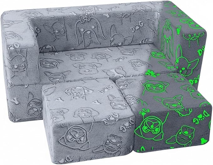 MeMoreCool Kids Sofa Couch, Glow-in-The-Dark Plush Cover, Convertible Foam Loveseat with Armrests & Pocket, Gray Dog Pattern, Playroom & Bedroom Children’s Furniture, 39" x 20" x 16"