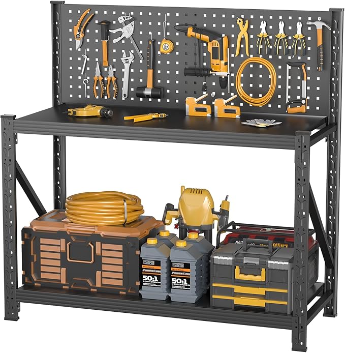 Work Bench with Pegboard,Heavy Duty 3000lbs Capacity Workbench with Wheels Adjustable Shelves,Tool Cart,Work Table for Garage Warehouse47.2 H*47.09" W*19" D