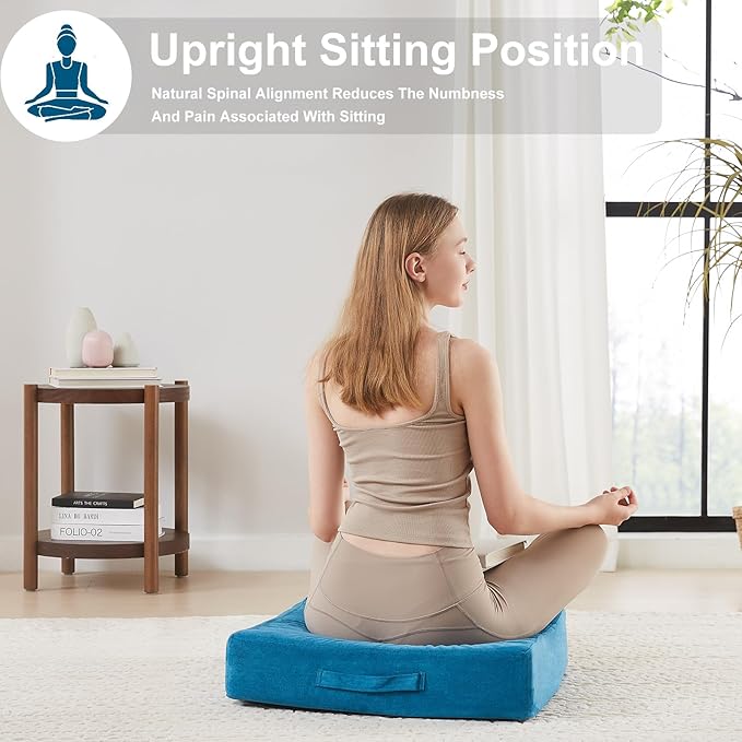 JKMAX 22 inches Floor Pillow for Adults - Large Meditation Cushion with Thick Foam & Soft Tufted Cover - Premium Outdoor Square Floor Cushion Seat - Yoga Pillow for Sitting On Floor - Peacock Blue