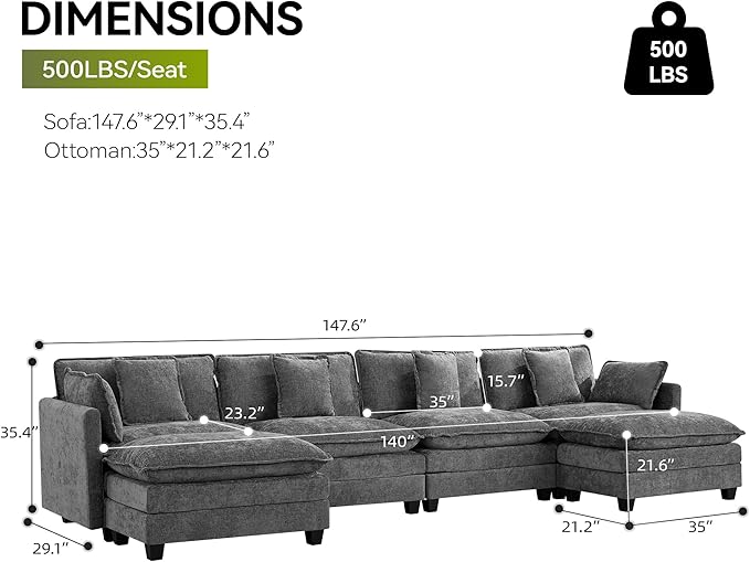 UMBFUN 4-Seater Cloud Couch with 2 Ottomans, Extra-Large Modular Sectional U Shaped Sofa with Deep Seat Cushions, Chenille Couch for Living Room, Grey