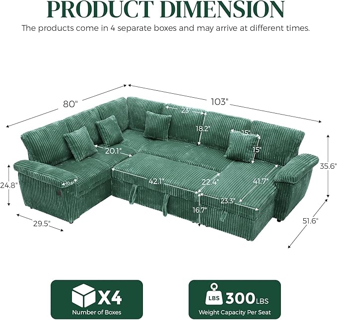 Modular Sectional Sleeper Sofa with Pull Out Bed, Storage Chaise & USB Charging, U Shaped Plush Corduroy Sectional Couches for Living Room, Comfy Convertible 7 Seat Cloud Sofa Bed Emerald Green