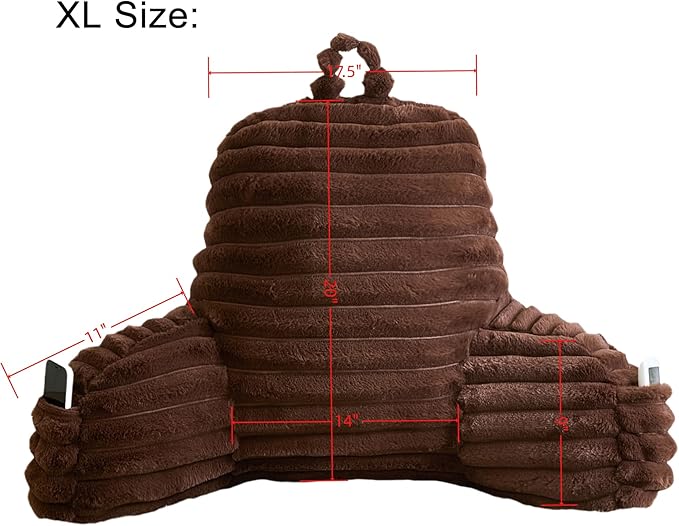 WERDIM Reading Pillow for Sitting in Bed, Faux Fur Back Pillow for Rest, Bed Chair Pillow with Arms and Pockets(XLarge, Coffee)