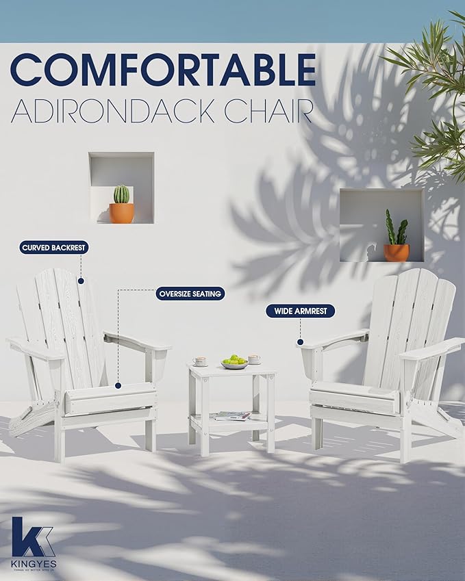 KINGYES Folding Adirondack Chair Set of 6, HDPE All-Weather Folding Adirondack Chair, White