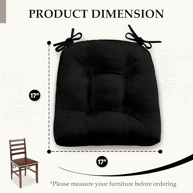 HARBOREST Chair Cushions for Dining Chairs Set of 2 - Chenille Tufted Kitchen Chair Cushions with Ties and Non-Slip Bottom, Foam Chair Pads for Dining Chairs, 17" x 17", Black