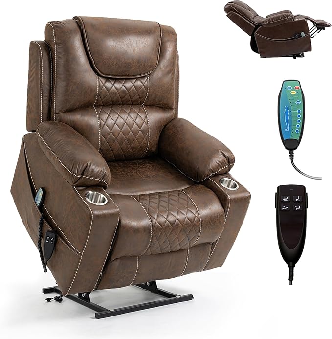 Oversized Power Lift Recliner Chair for Big and Tall 400 LBS, 25" Large Electirc Recliner Chair with Massage and Heating, 180° Lay Flat Zero Gravity Recliner Sofa, Leather, Coffee Brown