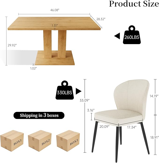 Dining Table Set for 4-6 People, 46 Inch Modern MDF Oak Kitchen Table with 4 Fabric Dining Chairs, Rectangular Dining Room Table Set for Home, Small Spaces, Breakfast Nook (Oak Table + 4 Beige Chairs)