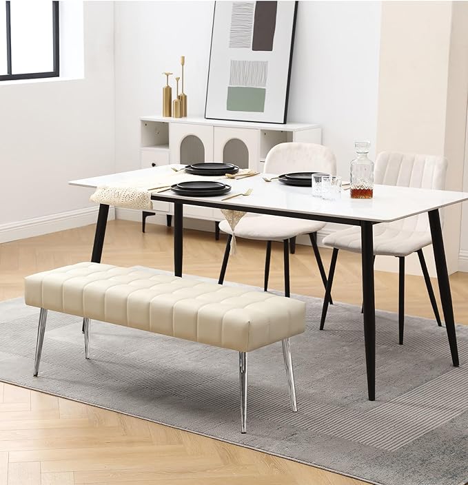 Apicizon 44.5”Entryway Bench, Soft Faux Leather Indoor Bench with Metal Legs, Modern Cushion Ottoman Bench for Bedroom, Living Room, Entrance, Dining Room, Beige