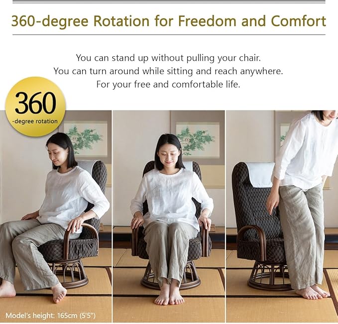 EMOOR Tatami Chair Japanese-Style Swivel Chair RYOKAN (Navy), Natural Rattan Armrest Recliner Living Room Upholstered Single Futon Sofa
